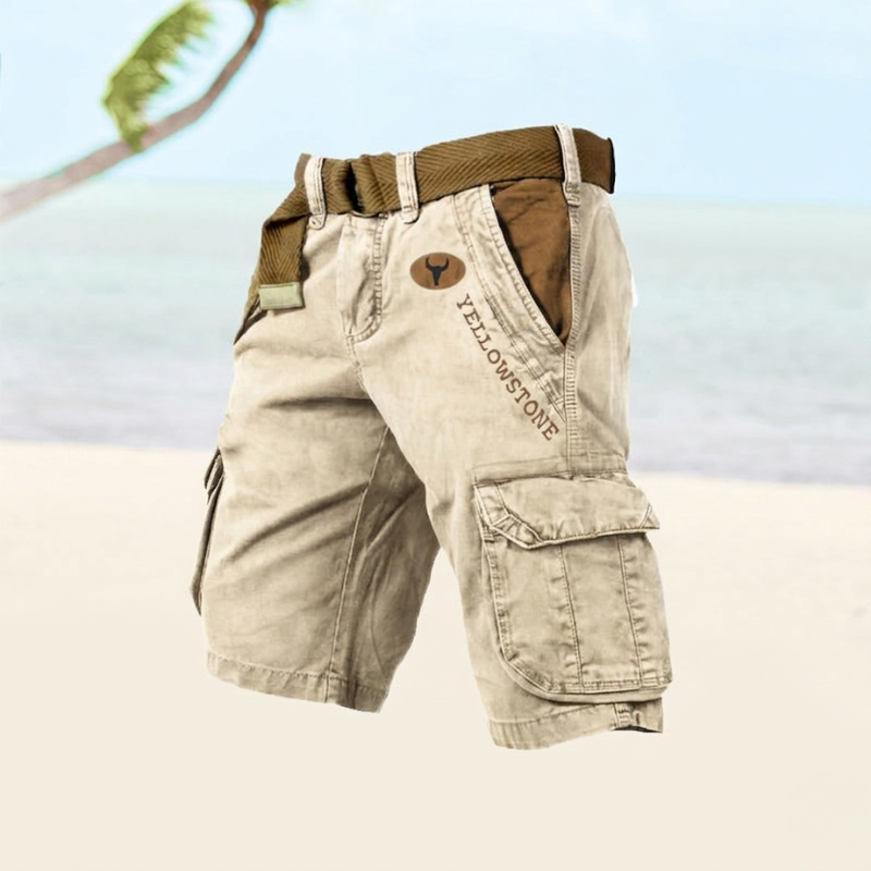 Khaki cargo shorts with tan webbed belt, side cargo pockets, relaxed fit