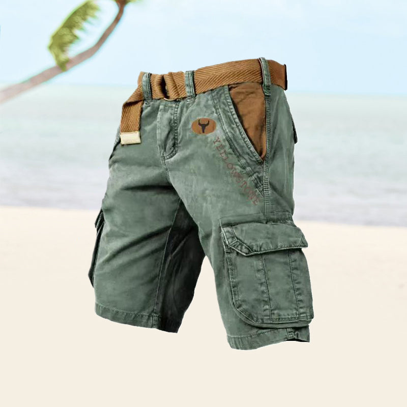 Green cargo shorts with tan webbed belt, side cargo pockets, relaxed fit