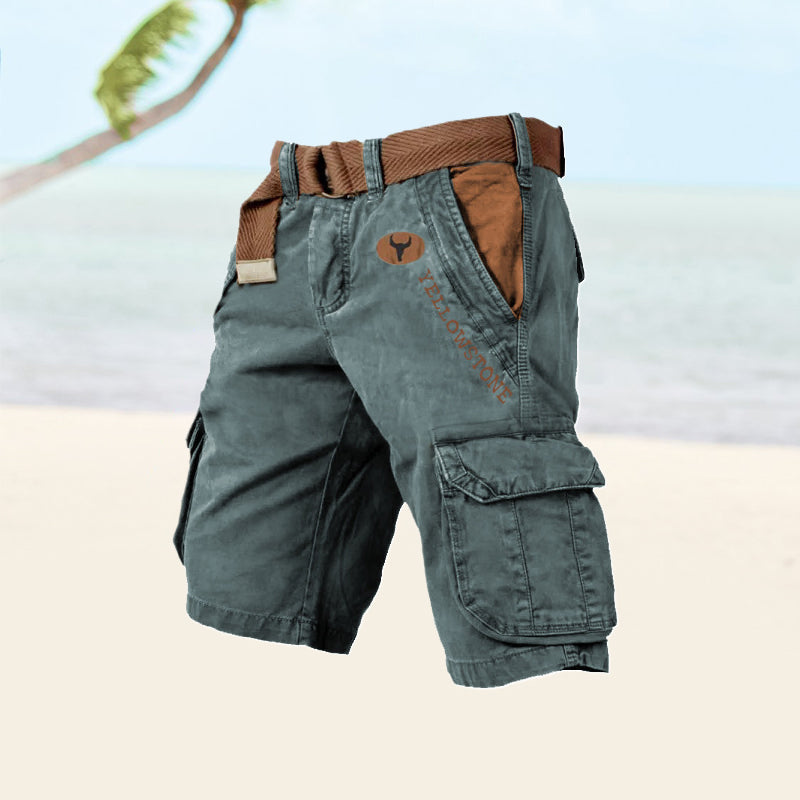 Blue cargo shorts with tan webbed belt, side cargo pockets, relaxed fit