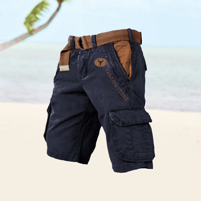 Navy cargo shorts with tan webbed belt, side cargo pockets, relaxed fit