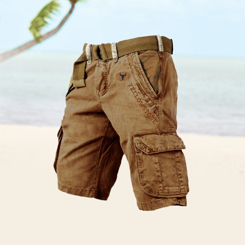 Brown cargo shorts with tan webbed belt, side cargo pockets, relaxed fit