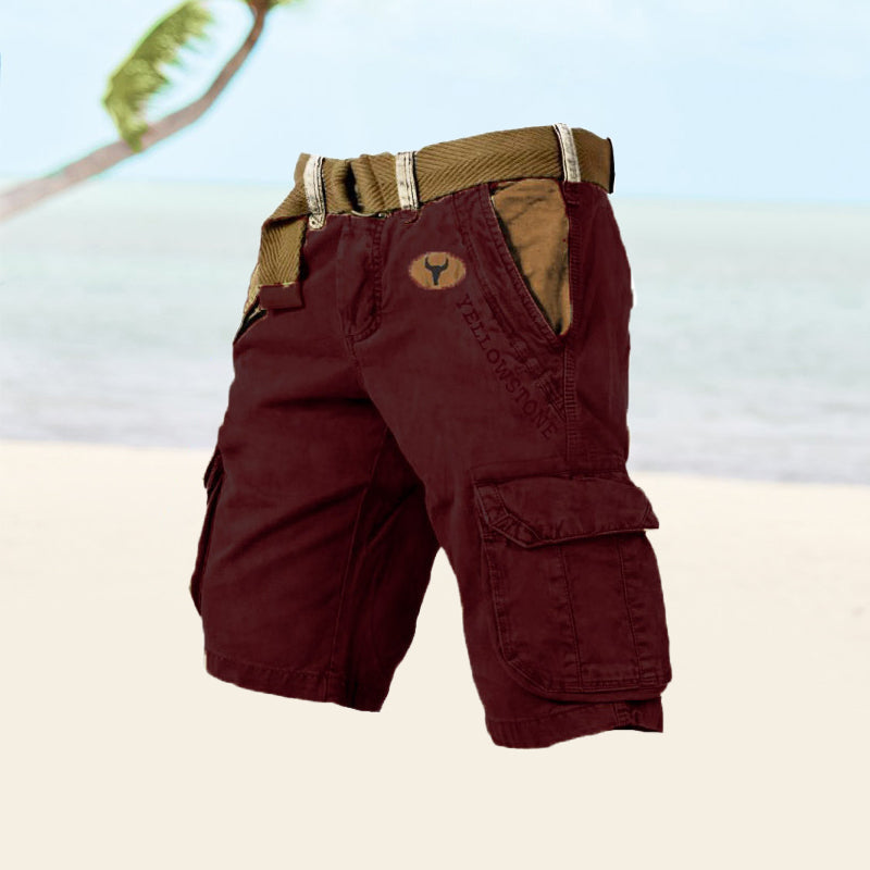 Red cargo shorts with tan webbed belt, side cargo pockets, relaxed fit