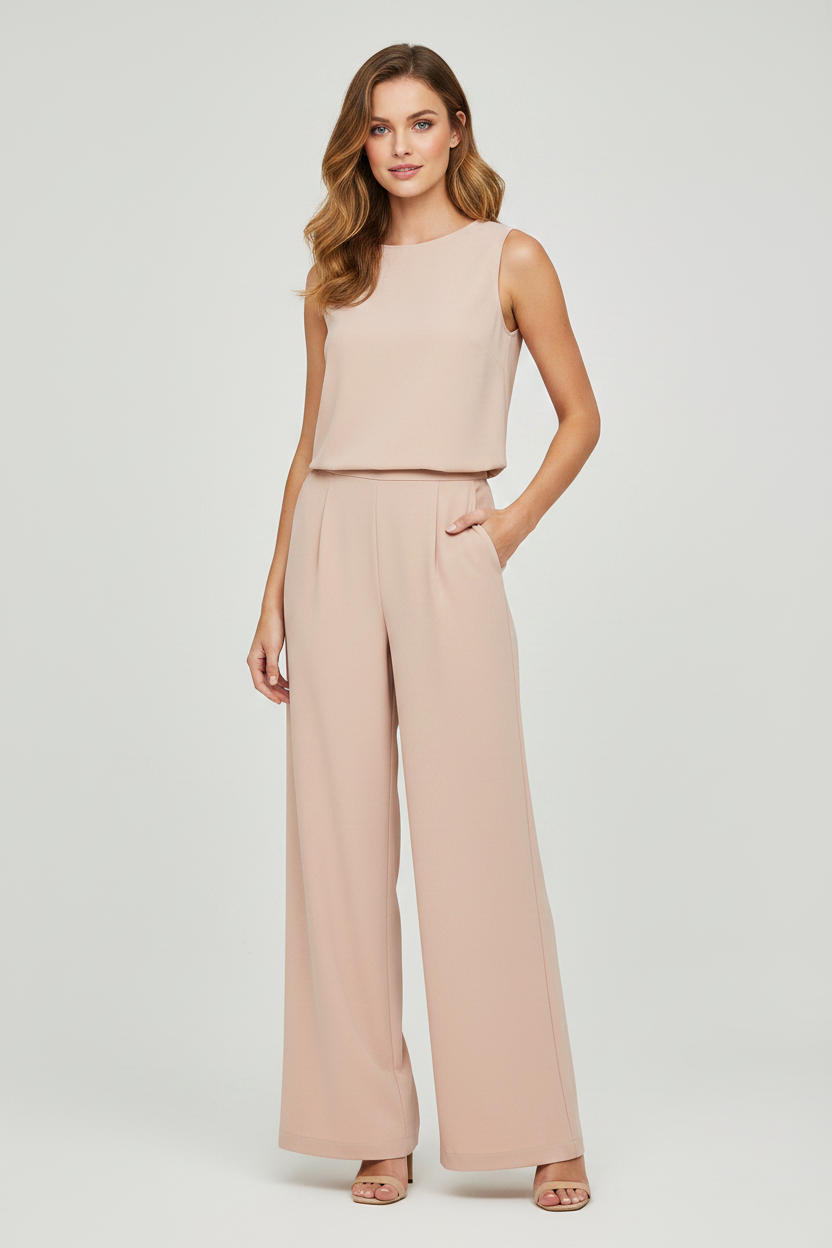 Light pink sleeveless wide-leg jumpsuit with round neck, worn by model