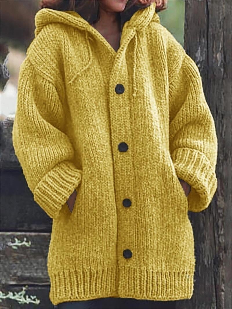 Women's hooded long cardigan, mustard yellow knit with button front and ribbed cuffs