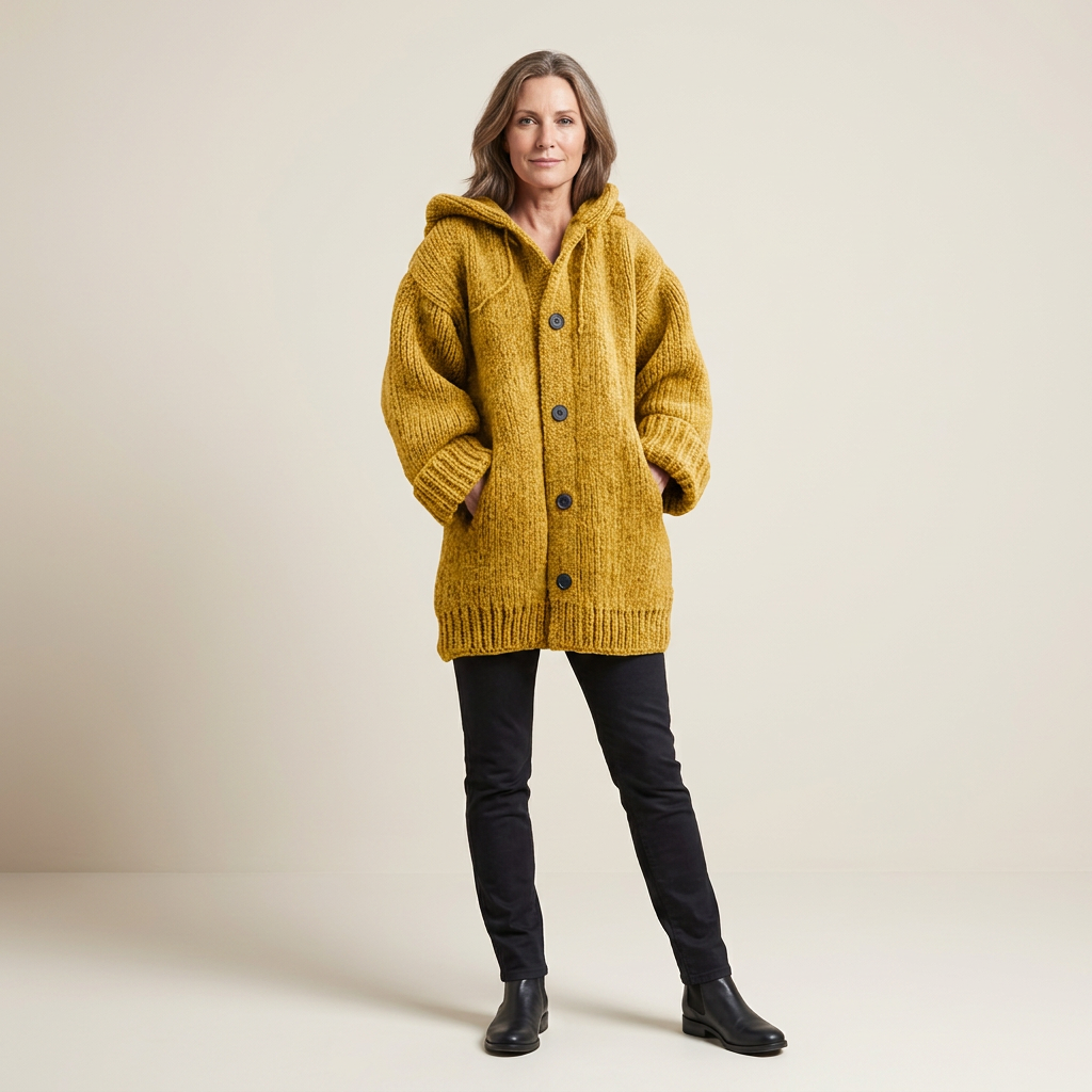 Women's Long Hooded Cardigan Button Closure Patch Pockets Regular Fit Everyday Casual Wear