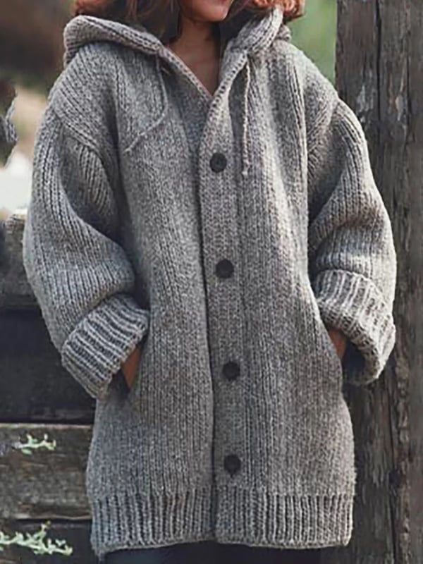 Women's hooded long cardigan, heather gray knit with button front and ribbed cuffs