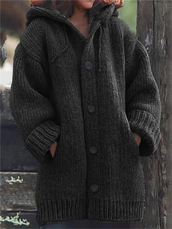 Women's hooded long cardigan, dark charcoal knit with button front and ribbed cuffs