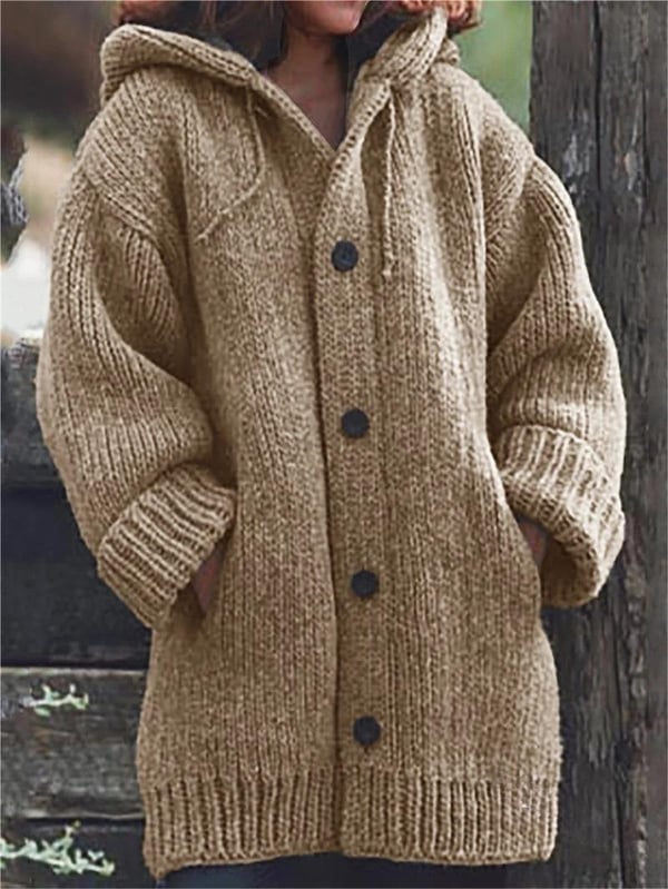 Women's hooded long cardigan, oatmeal khaki knit with button front and ribbed cuffs