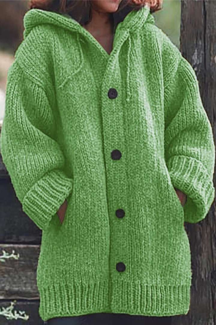 Women's hooded long cardigan, bright green knit with button front and ribbed cuffs