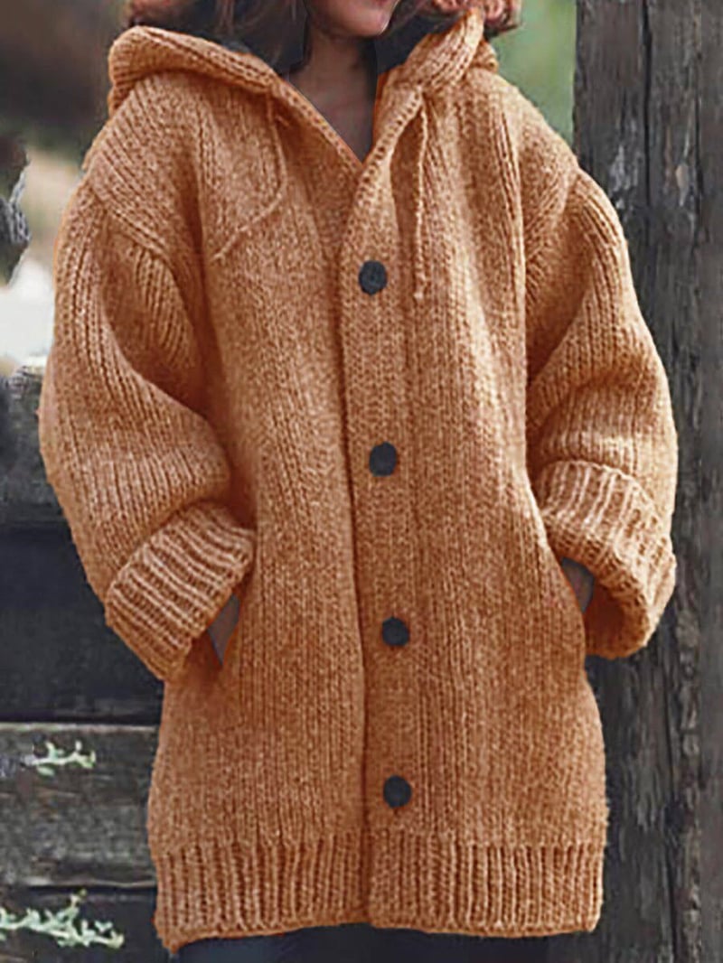 Women's hooded long cardigan, rust brown knit with button front and ribbed cuffs