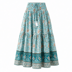 Women’s tiered bohemian long skirt, teal blue floral print, elastic waistband