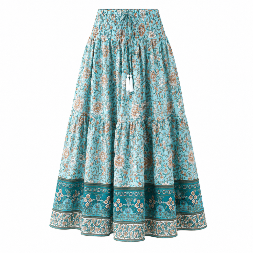 Women’s tiered bohemian long skirt, teal blue floral print, elastic waistband