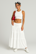 White tiered A-line cotton-blend skirt with drawstring waist and long ruffle layers