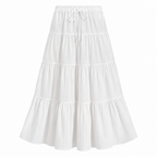 White tiered A-line long skirt with drawstring waist, cotton-blend look