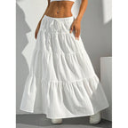 White long tiered A-line skirt with elastic drawstring waist and layered ruffle tiers