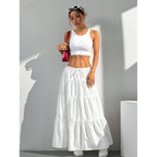 White long tiered A-line skirt with drawstring waist and ruffled tiered hem