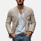 Beige linen summer blazer, notch lapels, single-breasted front with two buttons.