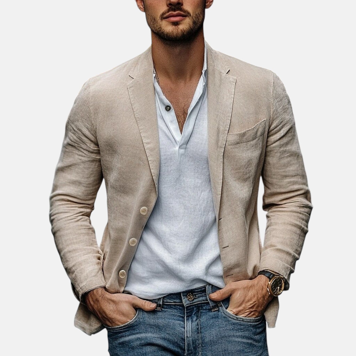 Beige linen summer blazer, notch lapels, single-breasted front with two buttons.