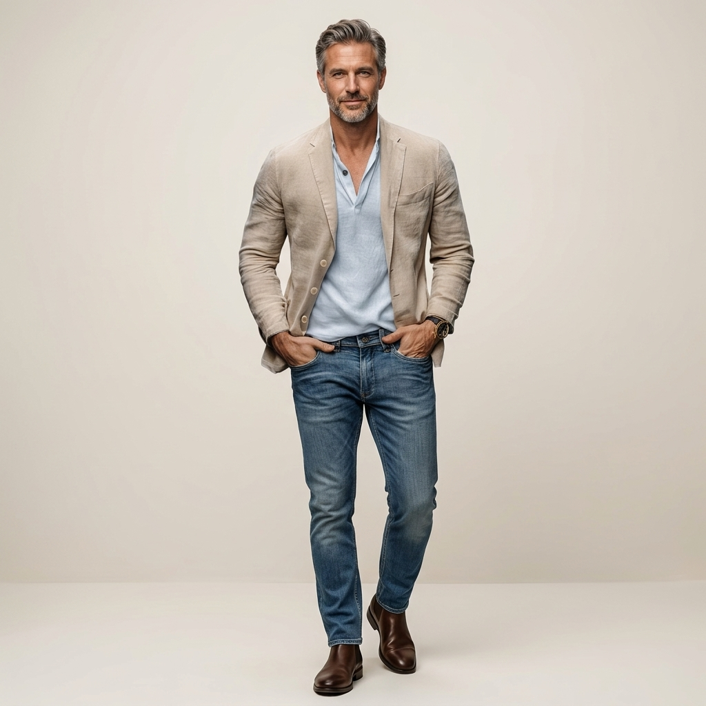 Light beige lightweight summer blazer with notch lapels and front button closure