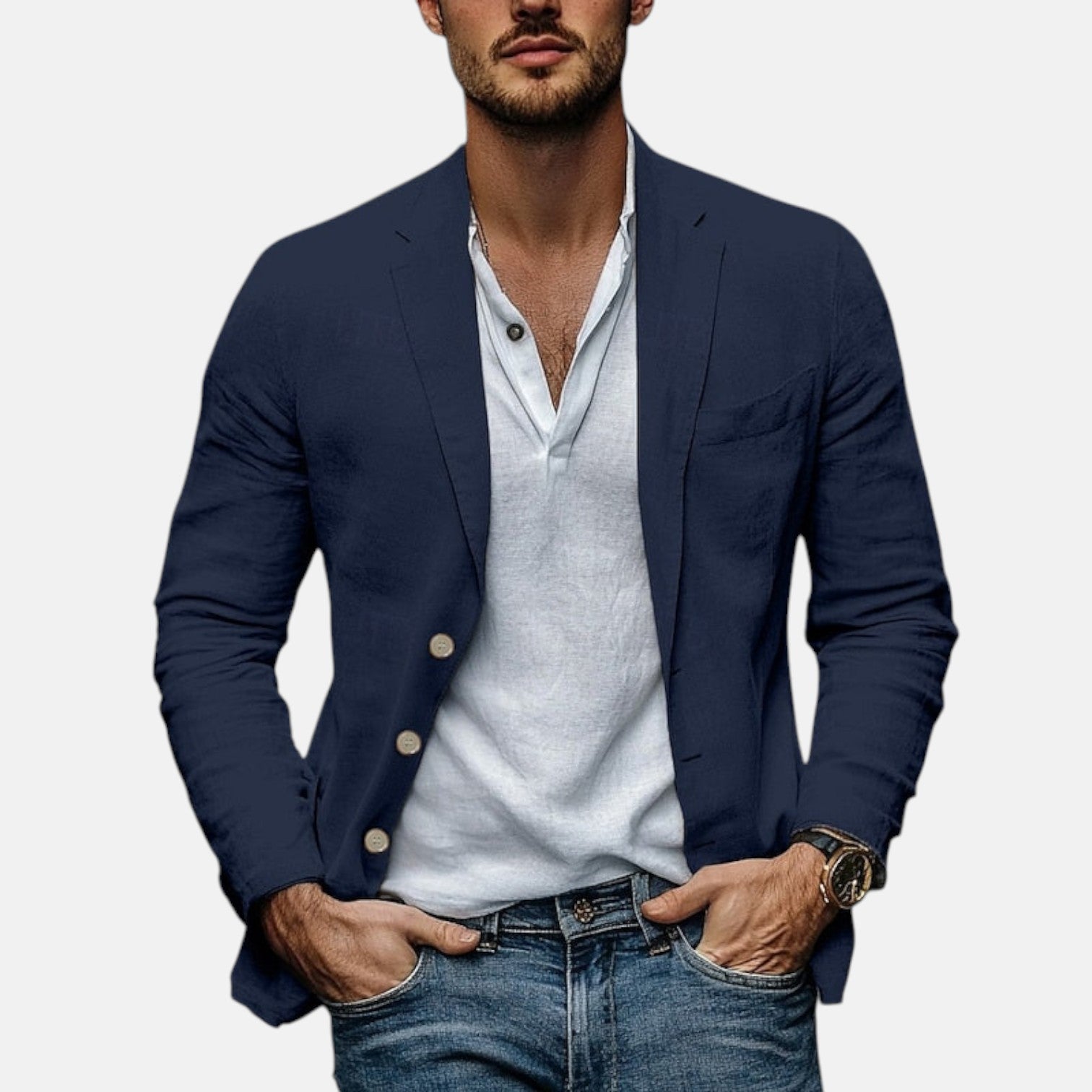 Navy linen summer blazer, notch lapels, single-breasted front with two buttons.