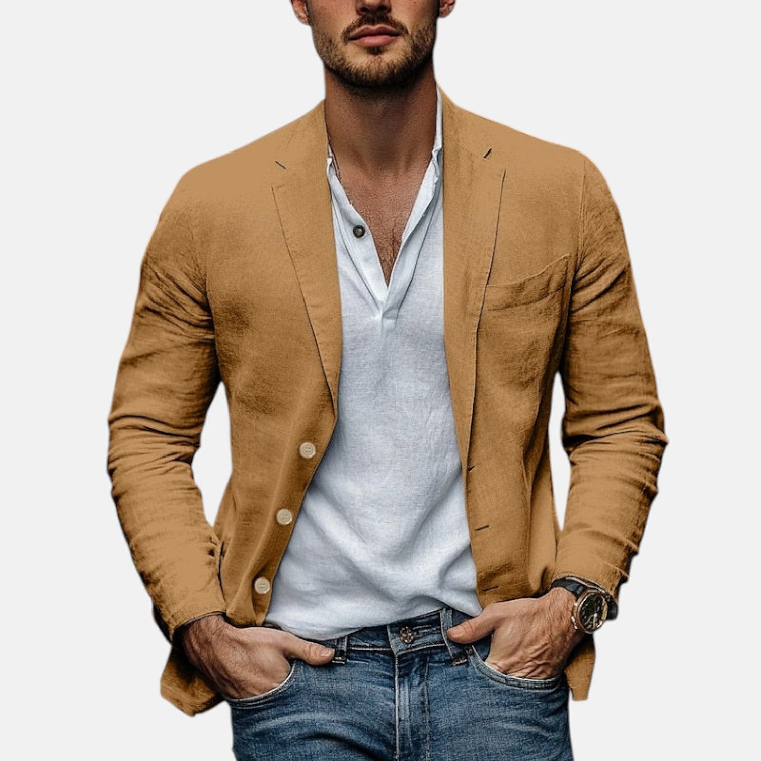 Brown linen summer blazer, notch lapels, single-breasted front with two buttons.