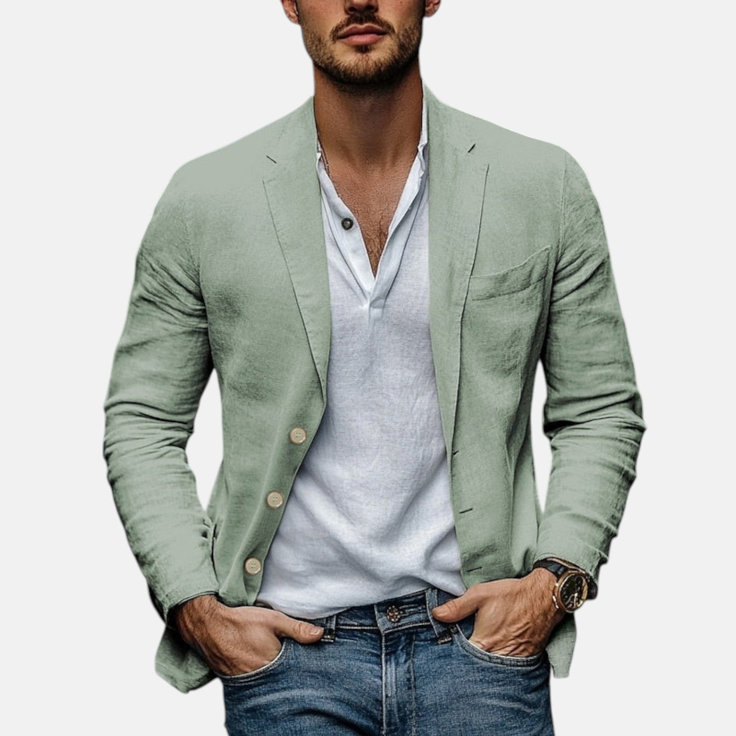 Light green linen summer blazer, notch lapels, single-breasted front with two buttons.