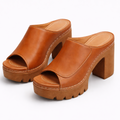 Brown leather open-toe platform block heel mule slip-ons with smooth stitched upper