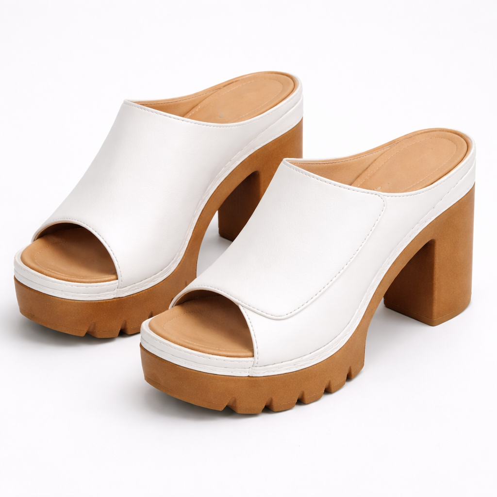 White platform block heel mule slip-on with open toe, smooth leather