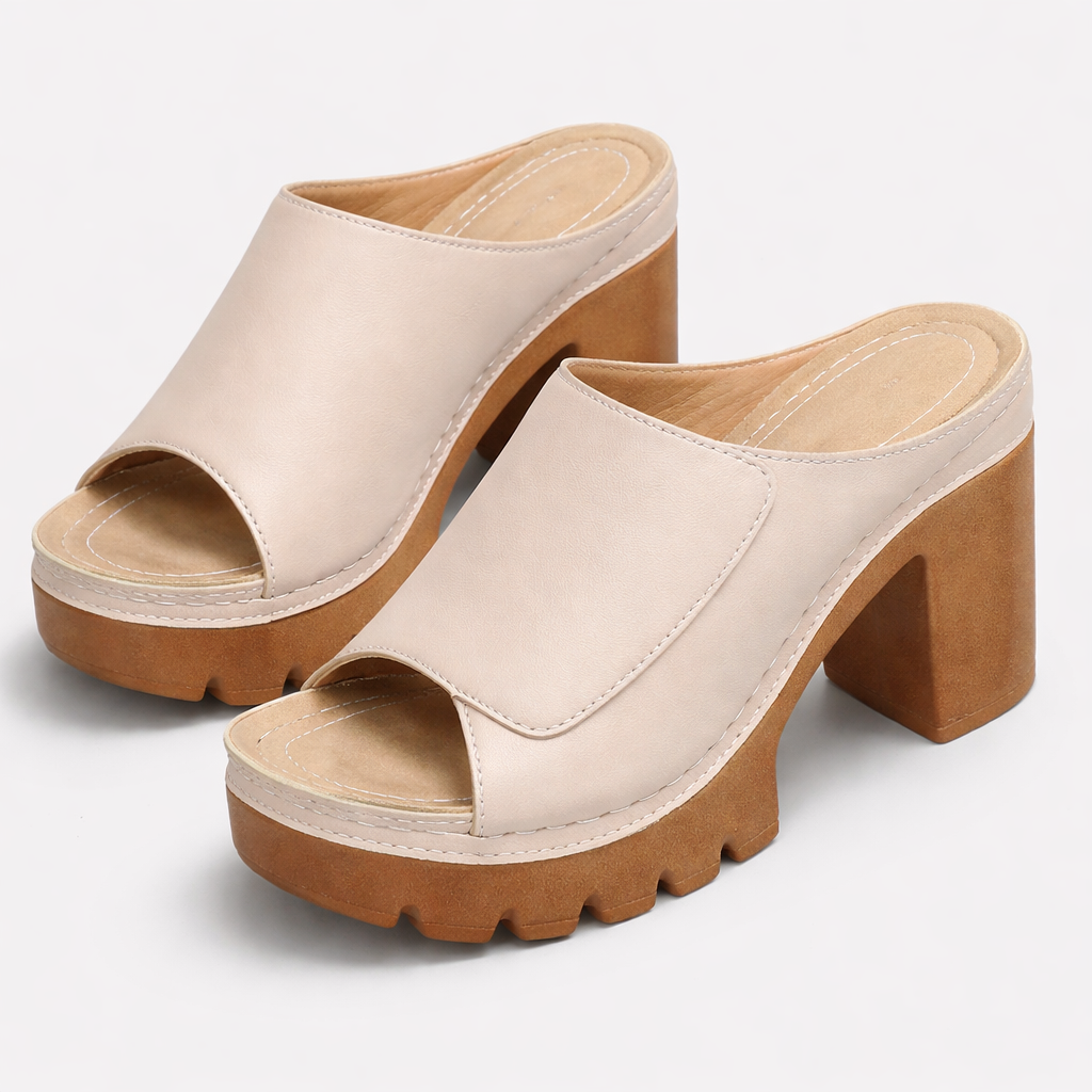 Beige platform block heel mule slip-on with open toe, smooth leather