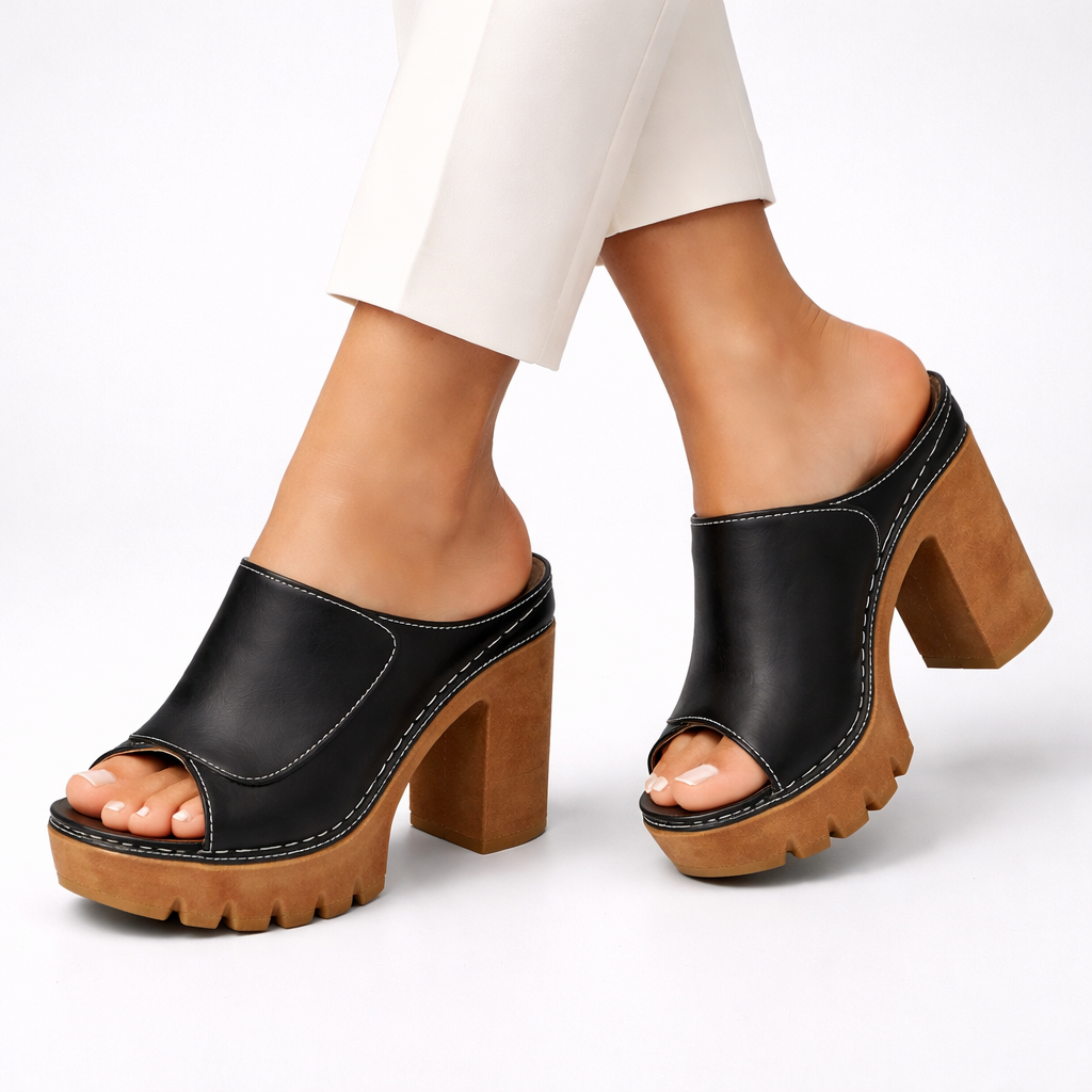 Black leather open-toe platform block heel mule slip-ons with smooth stitched upper