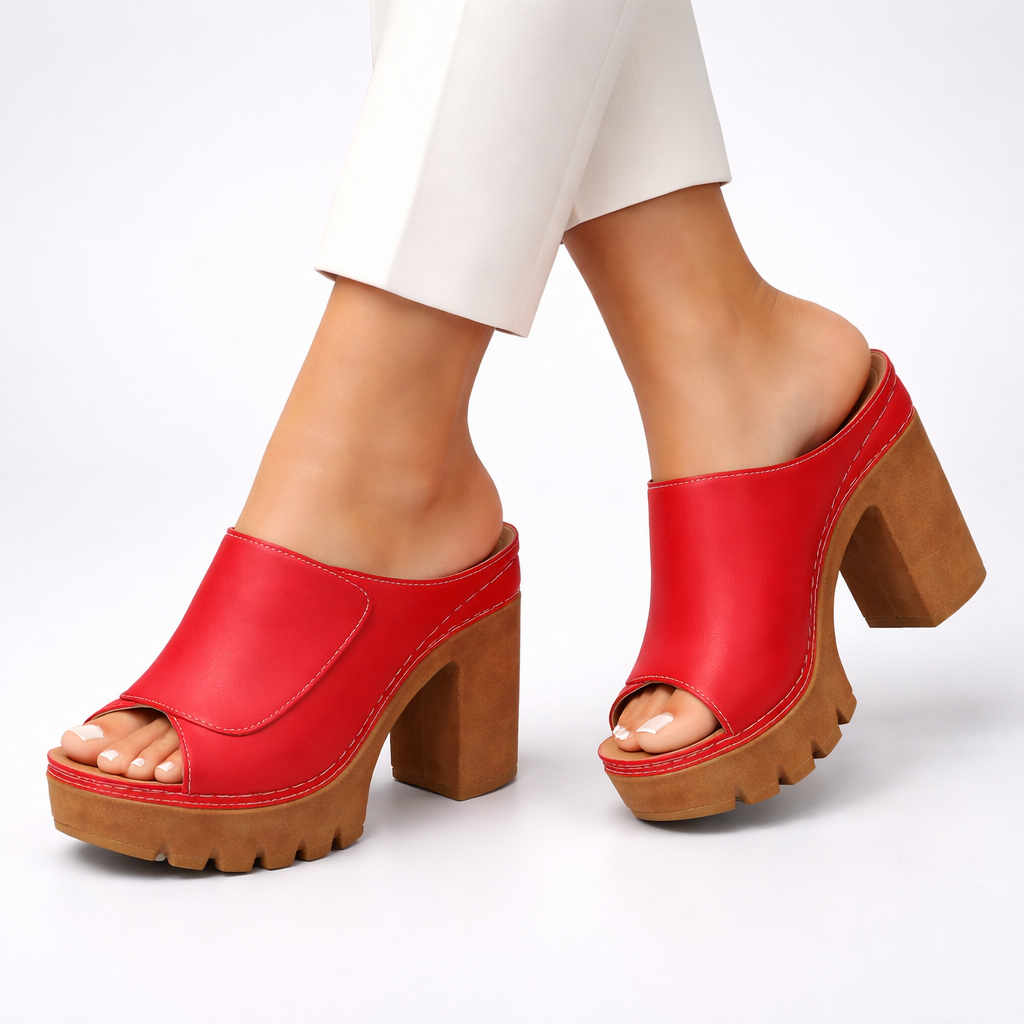Red leather open-toe platform block heel mule slip-ons with smooth stitched upper