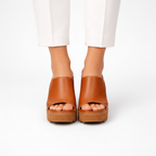 Brown leather open-toe mule slip-ons with platform sole and block heel