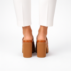 Brown leather mule slip-ons rear view with platform sole and block heel