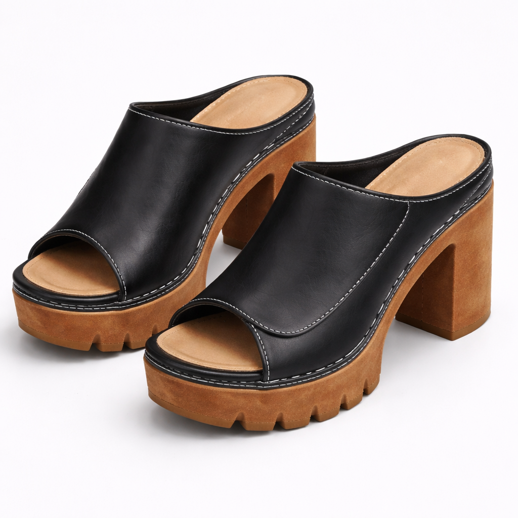Black leather open-toe platform block heel mule slip-ons with smooth stitched straps