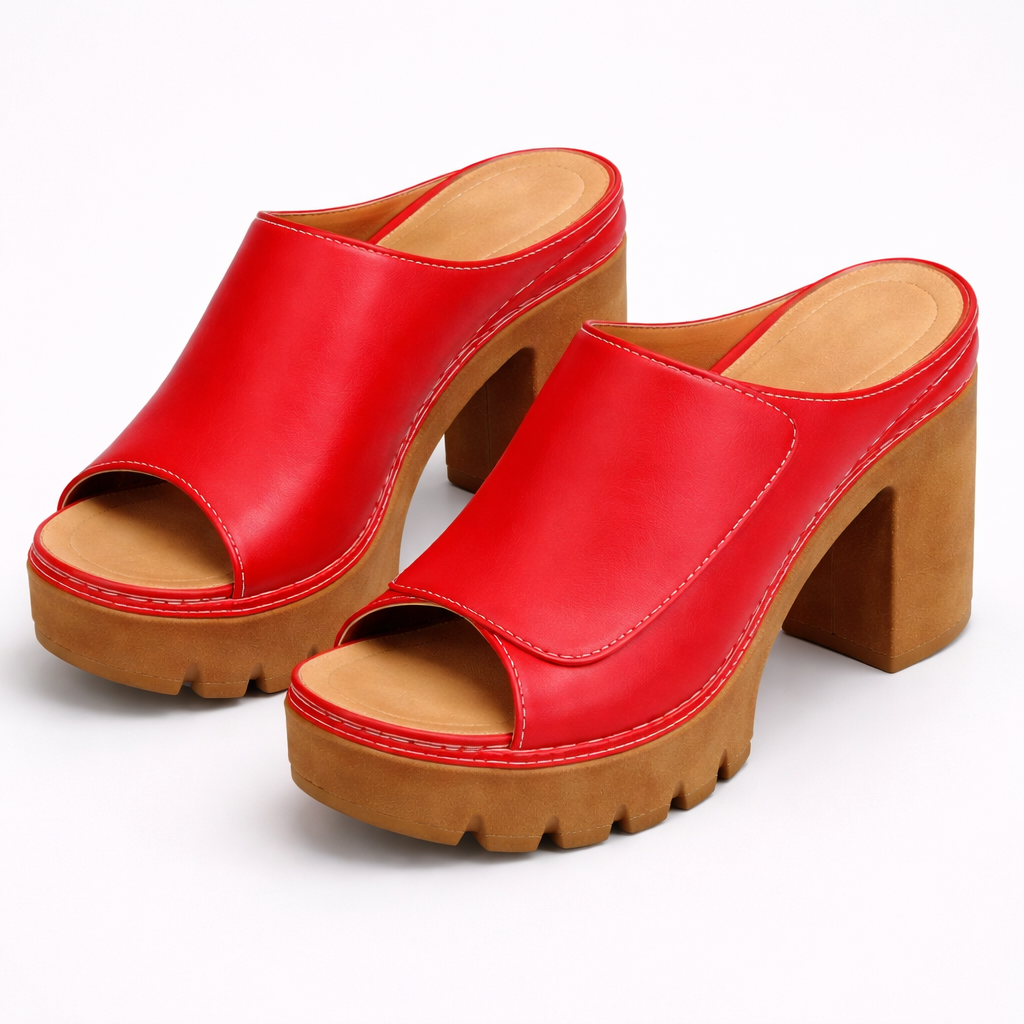 Red platform block heel mule slip-on with open toe, smooth leather