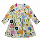 Women’s V-neck tunic blouse, long sleeves, multicolored flower pattern, loose gathered waist