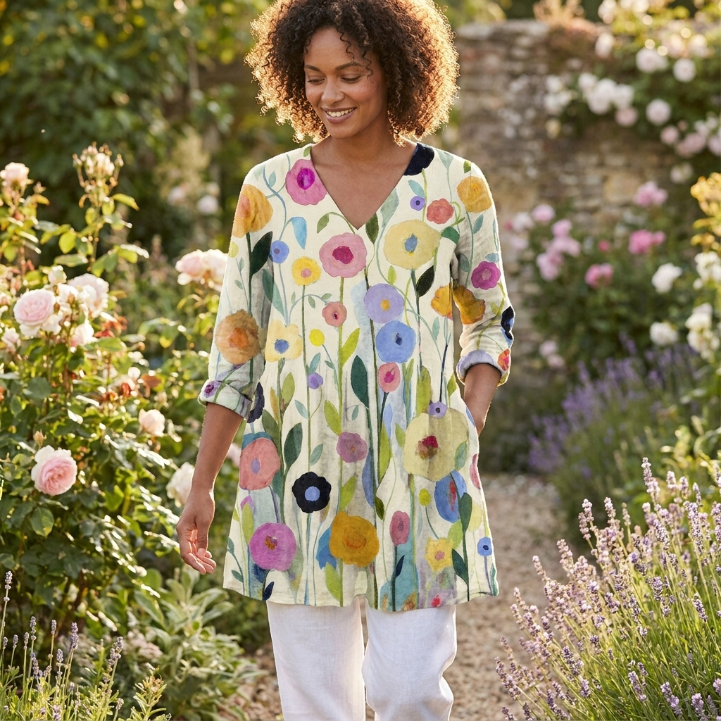 Women’s V-neck blouse in multicolored floral print, relaxed longline tunic with 3/4 sleeves
