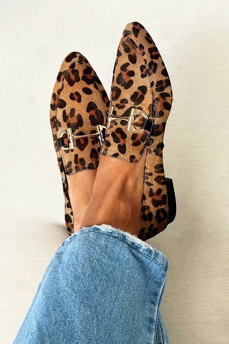 Leopard-print khaki loafers with metallic strap detail