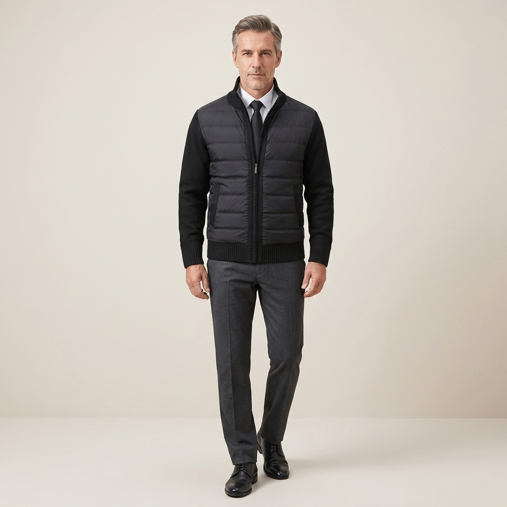 Men's black padded jacket with full-zip front, stand collar, quilted design