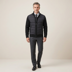 Men's black padded jacket with full-zip front, stand collar, quilted design