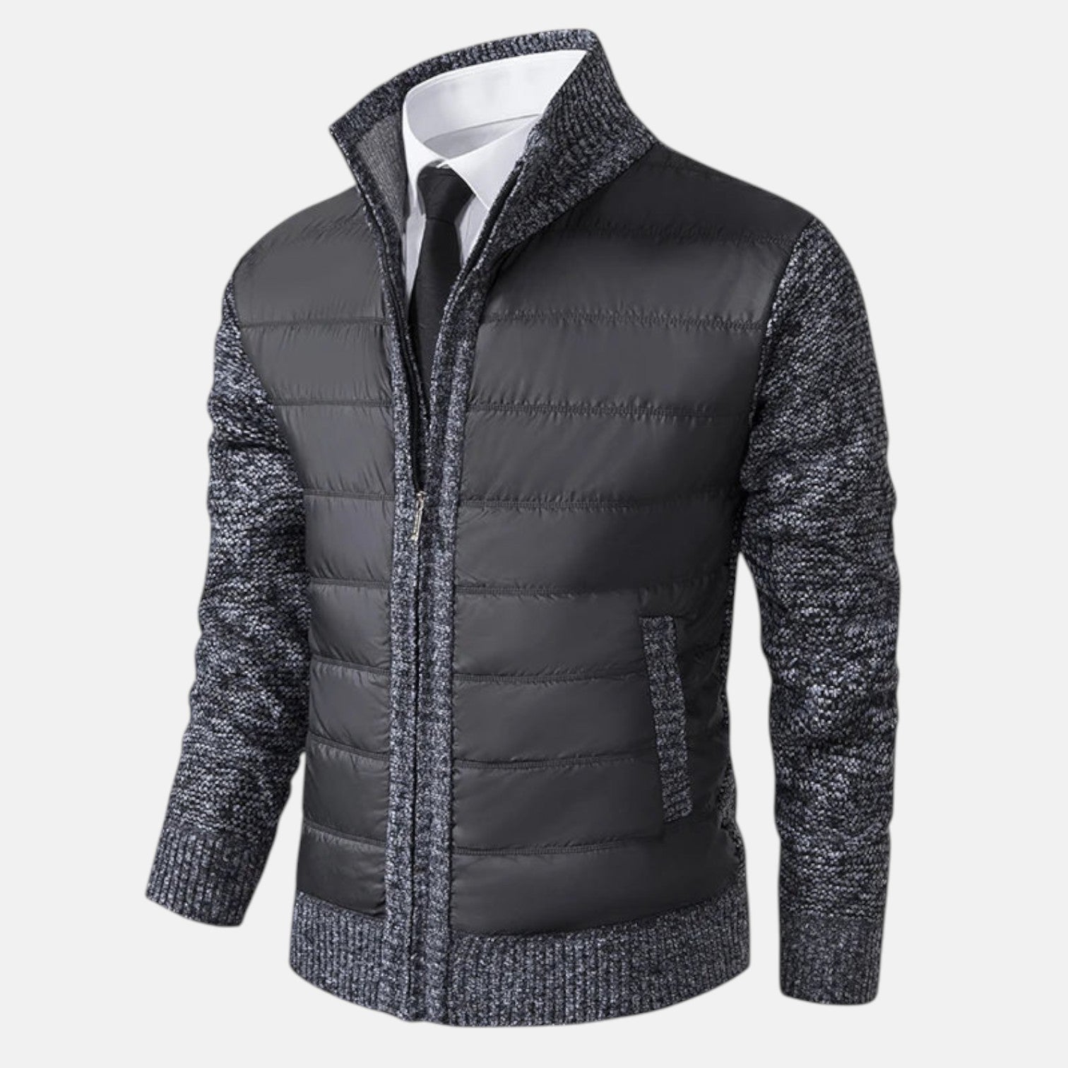 Dark gray quilted puffer jacket with zip front and speckled knit sleeves
