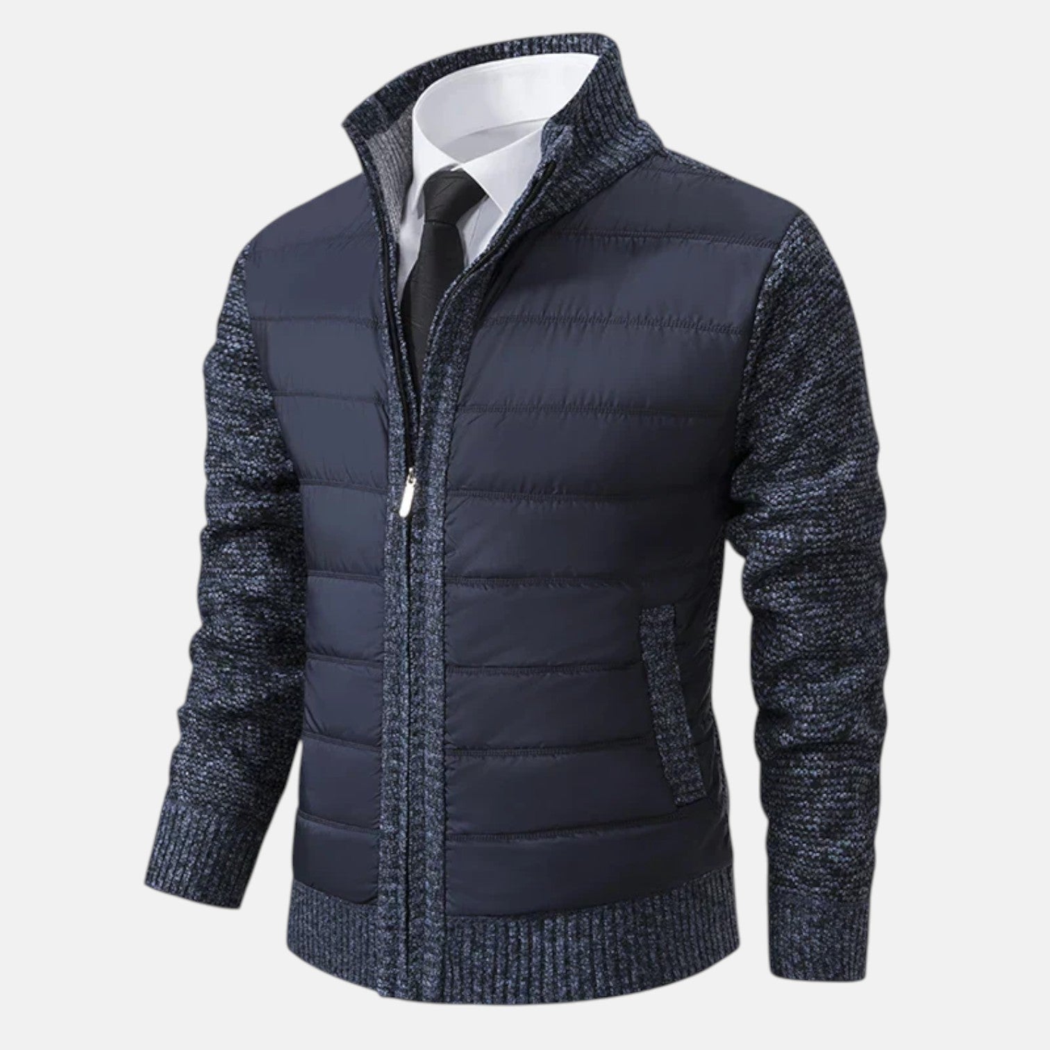 Navy quilted puffer jacket with zip front and speckled knit sleeves