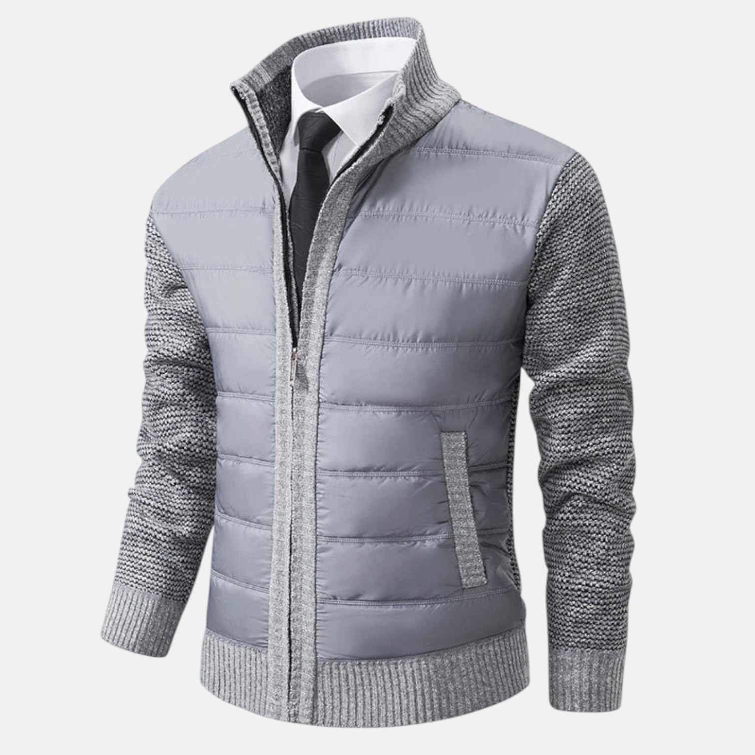 Light gray quilted puffer jacket with zip front and ribbed knit cuffs