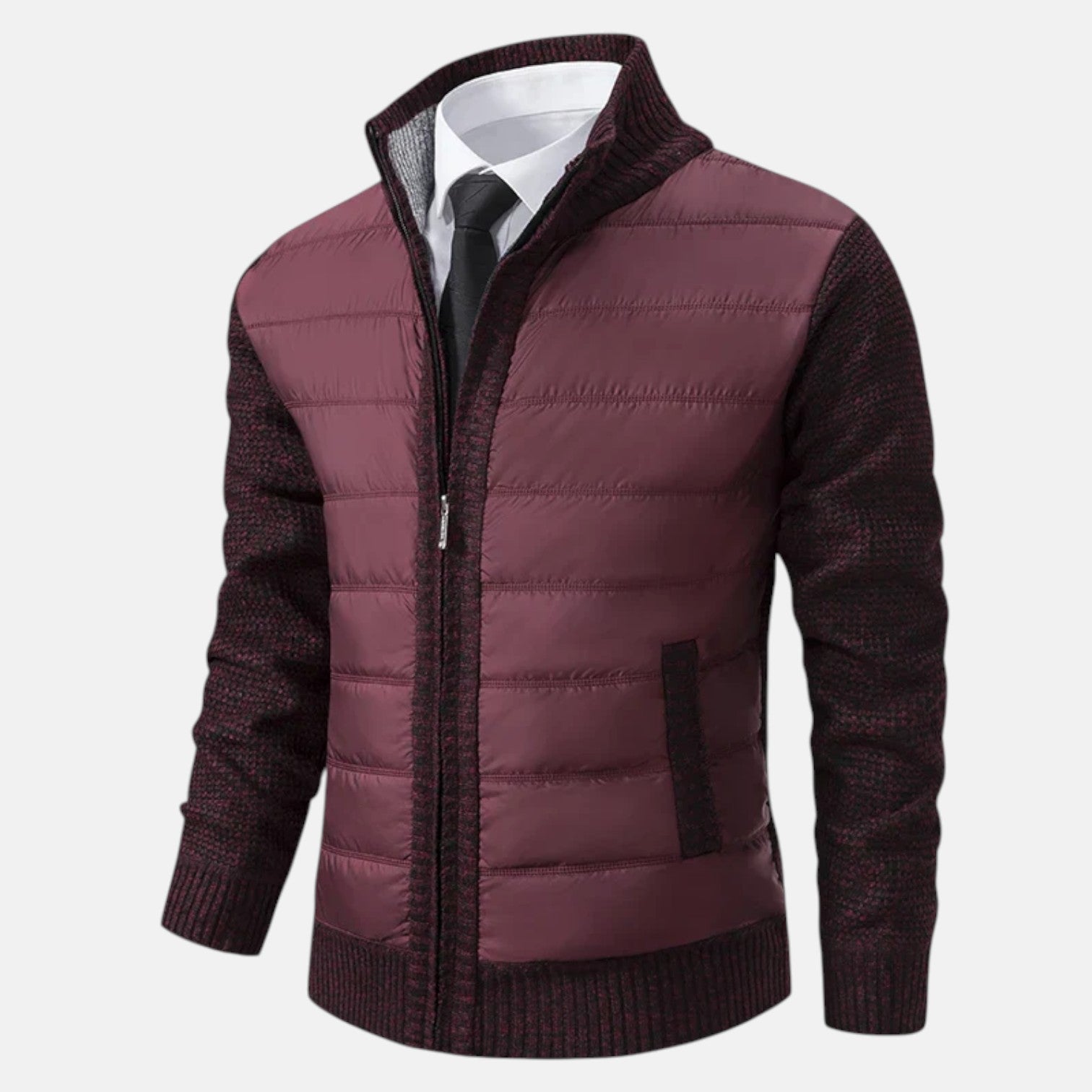 Bordeaux quilted puffer jacket with zip front and knit ribbed hem