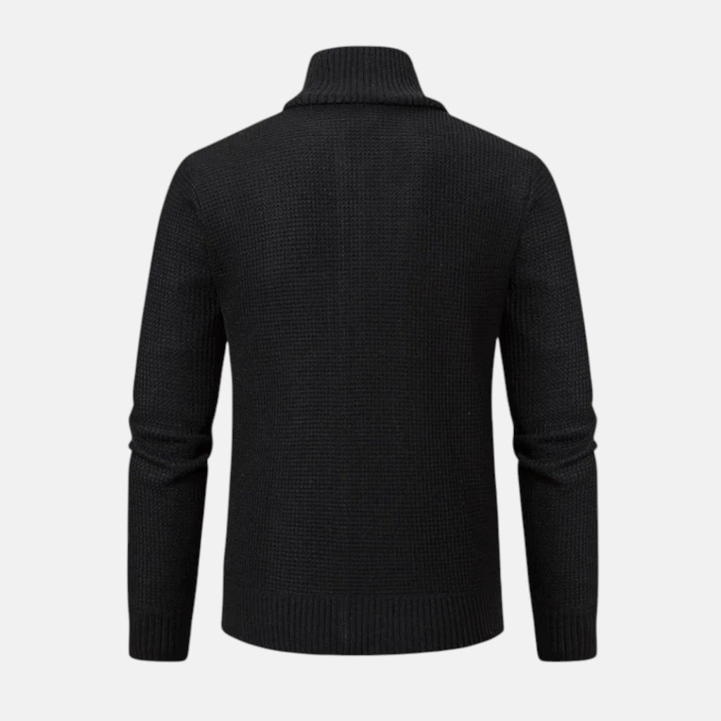 Black knit jacket with mock neck and ribbed cuffs