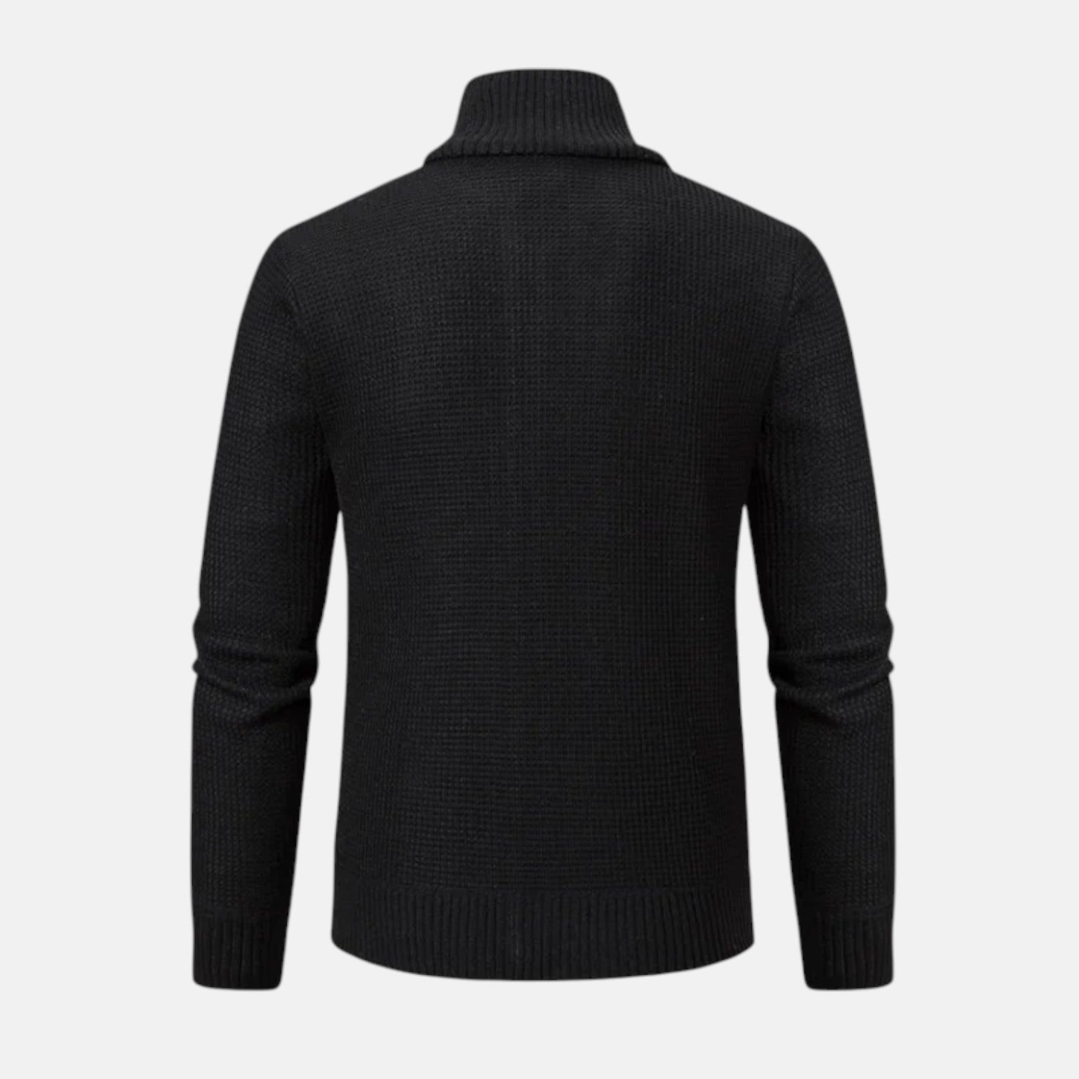 Black knit jacket with mock neck and ribbed cuffs