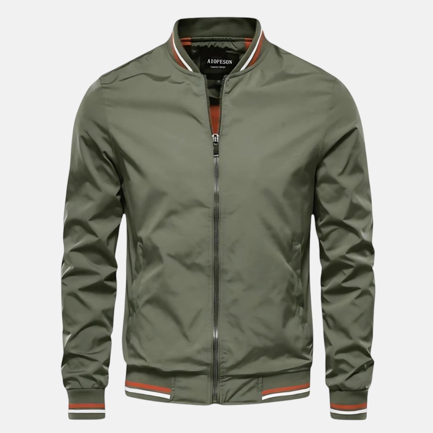 Men's green windproof jacket with front zipper and ribbed collar/cuffs.