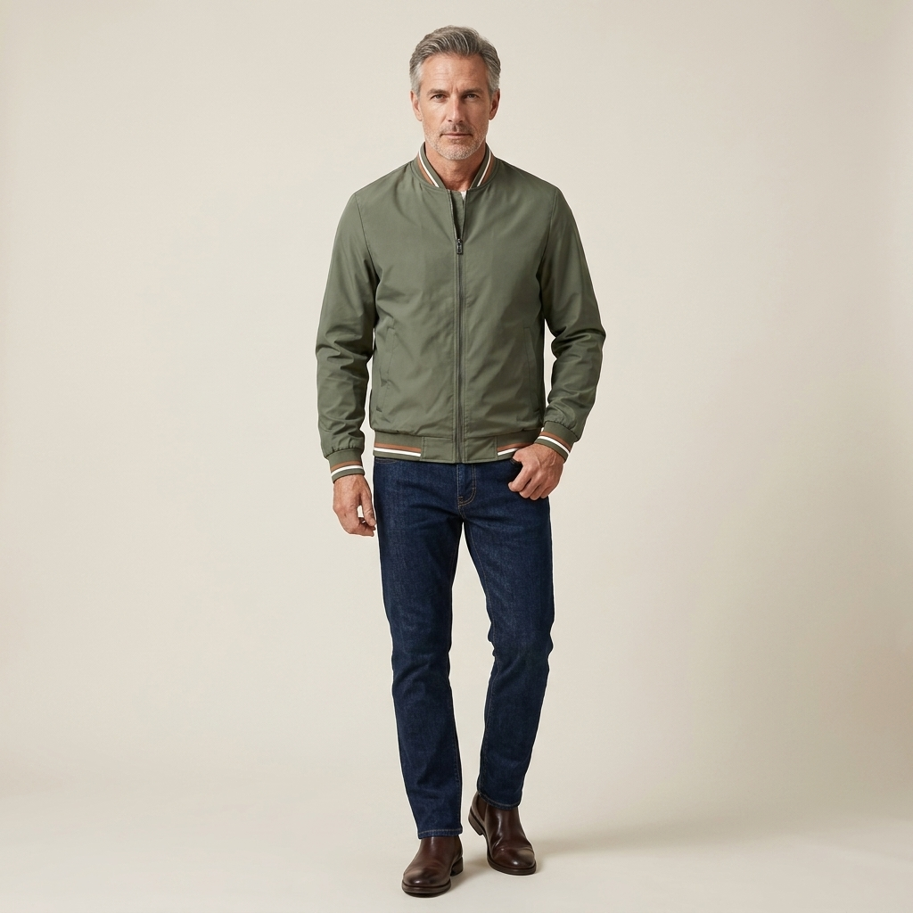 Men's green windbreaker jacket with full zip, stand collar, long sleeves