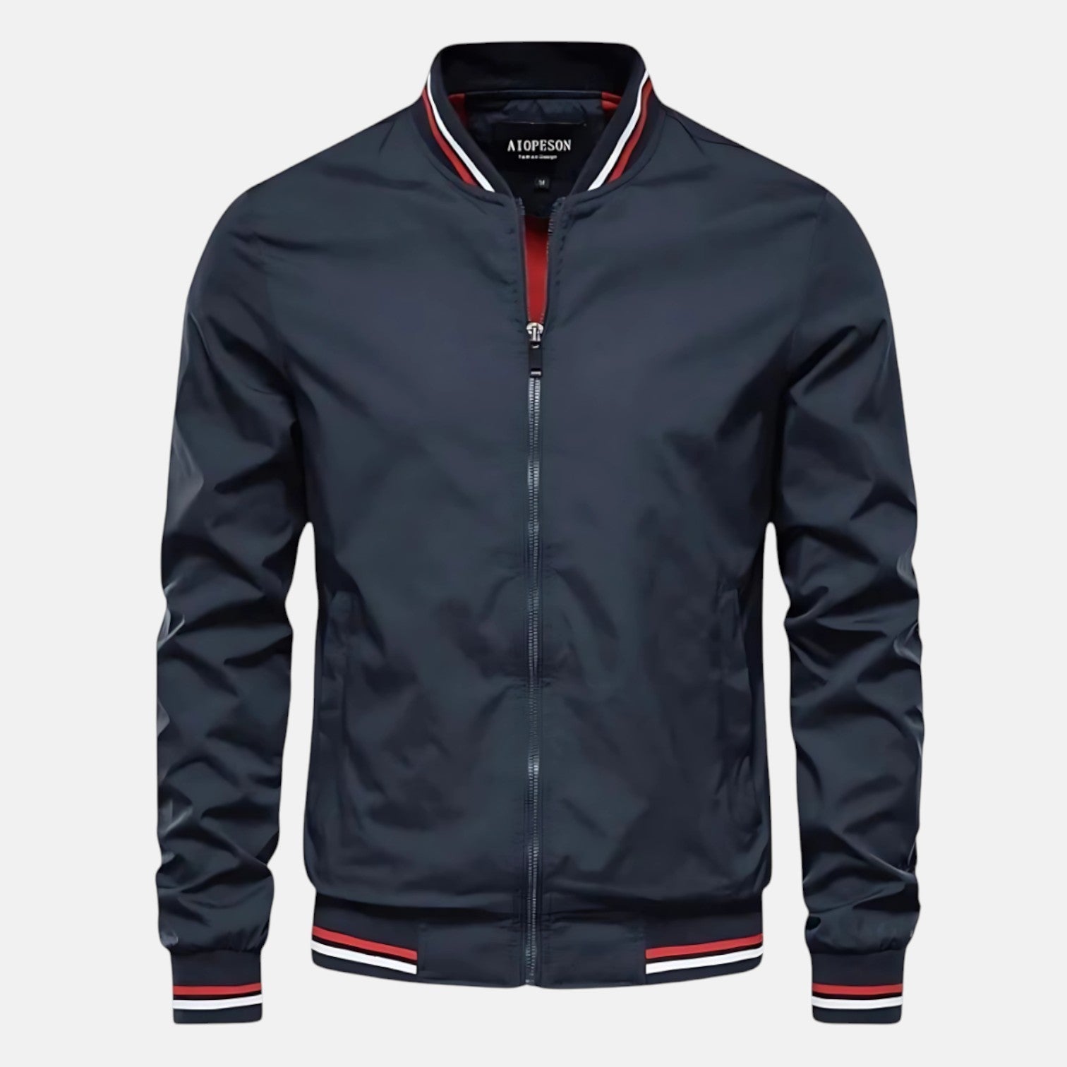 Men's navy windproof jacket with zip front and ribbed collar, cuffs, and hem.