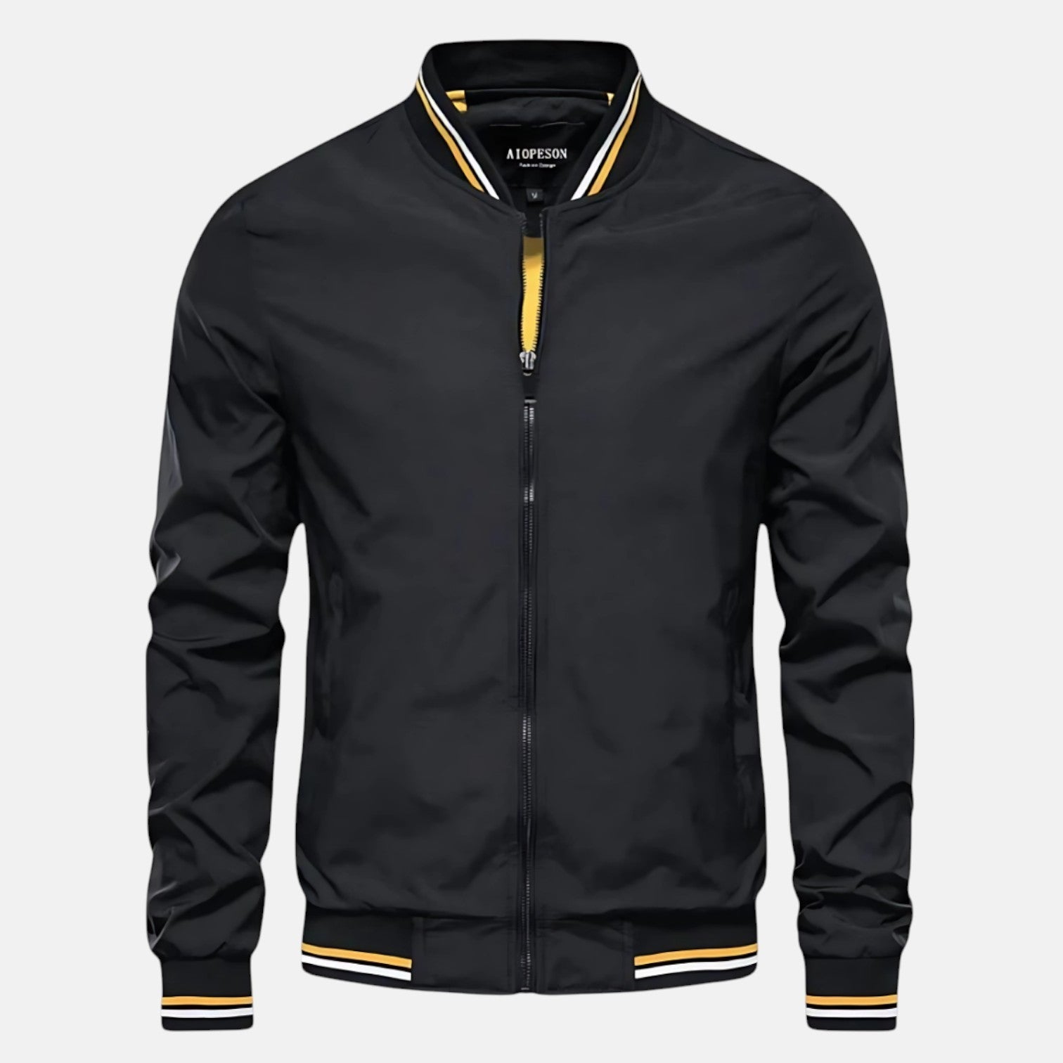 Men's black windproof jacket with yellow-trim zip front and ribbed cuffs.